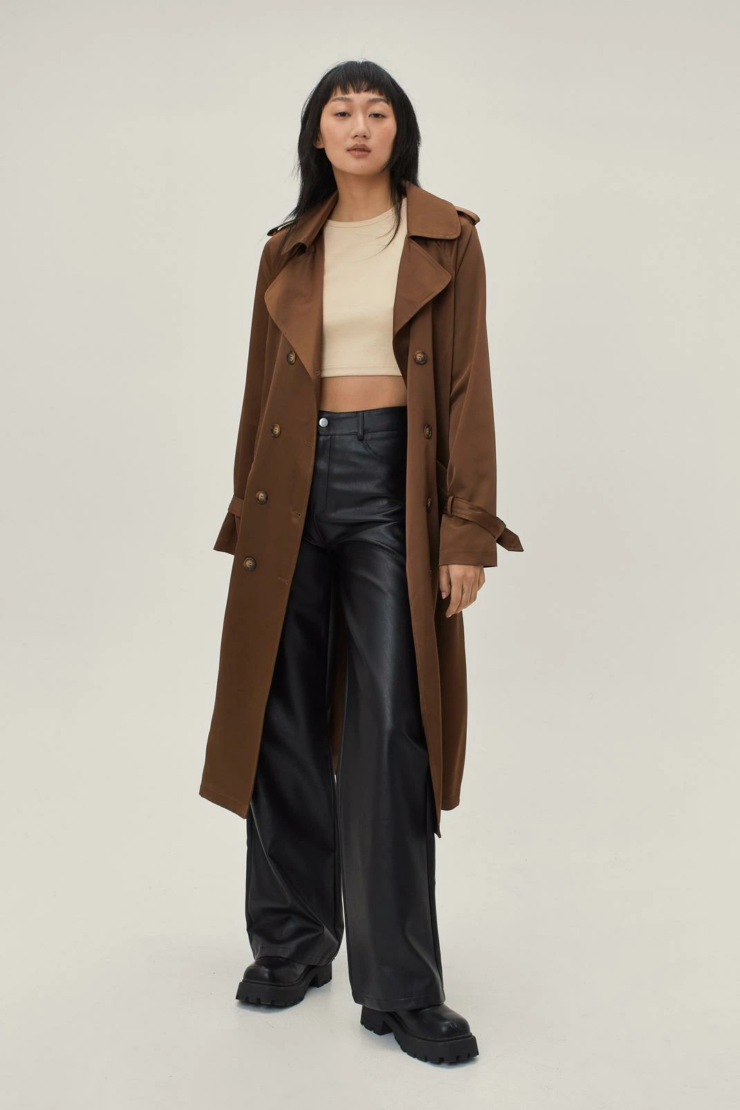 Duster + Trench Coats Satin Longline Double Breasted Belted Trench Coat - Image 5