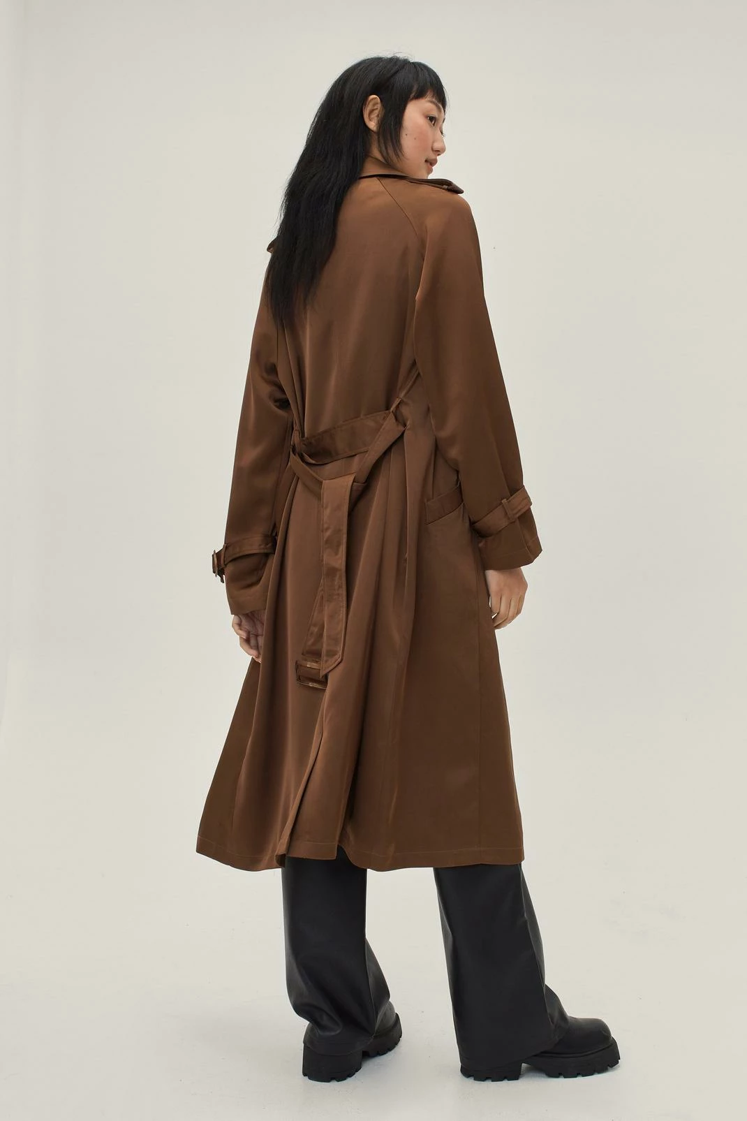 Duster + Trench Coats Satin Longline Double Breasted Belted Trench Coat - Image 6