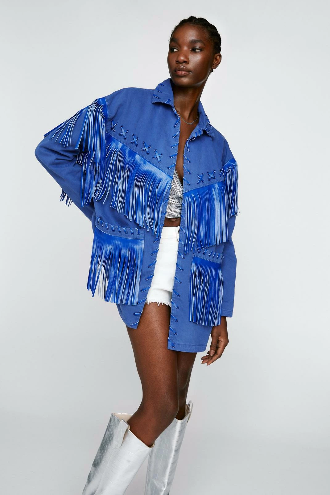 Going Out Jackets Premium Lattice Fringe Denim Jacket - Image 2