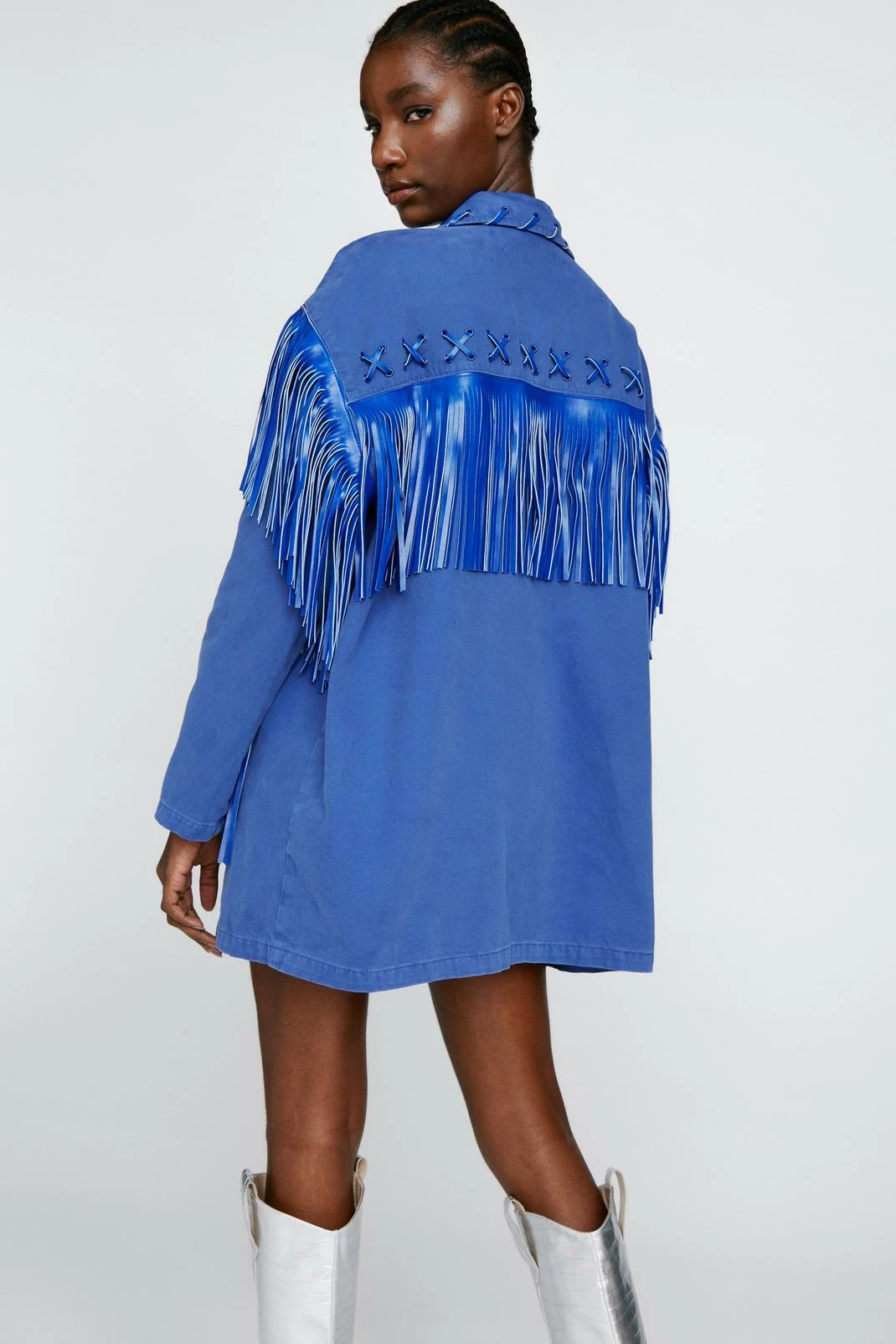 Going Out Jackets Premium Lattice Fringe Denim Jacket - Image 3