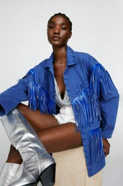 Going Out Jackets Premium Lattice Fringe Denim Jacket