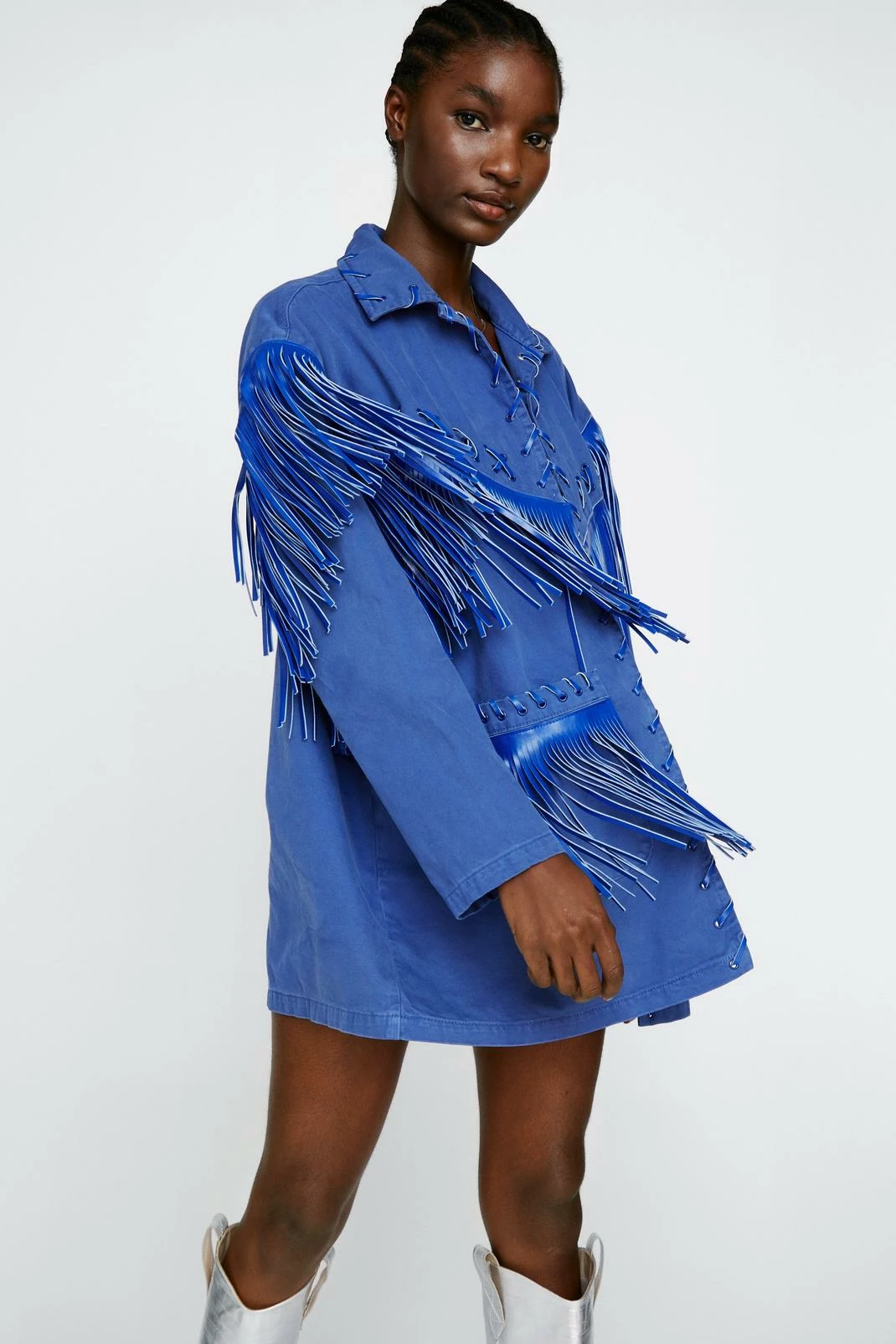 Going Out Jackets Premium Lattice Fringe Denim Jacket - Image 7