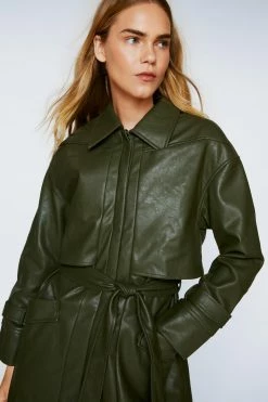 Duster + Trench Coats Pocket Detail Faux Leather Trench Coat