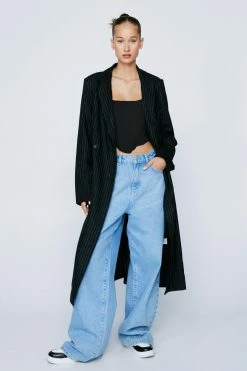 Wool Look Coats Pinstripe Belted Wool Mix Coat