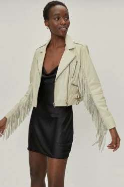 Real Leather Jackets Real Leather Crop Fringe Detail Biker Jacket