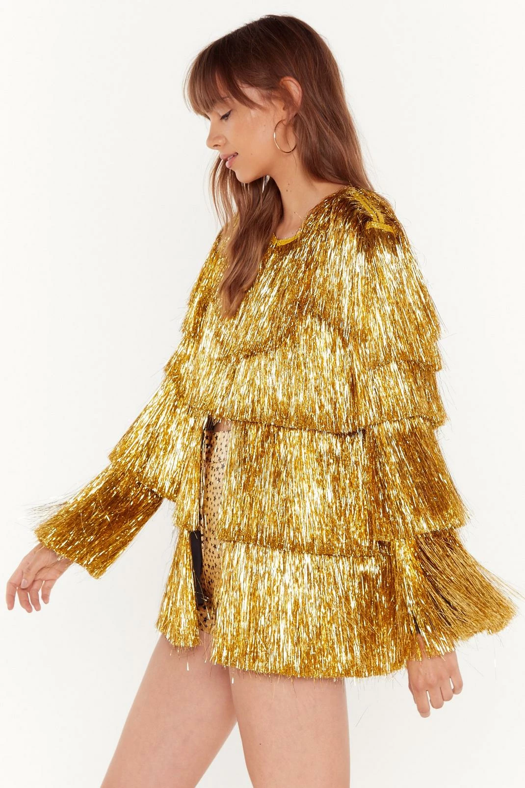 Going Out Jackets Metallic Tiered Tinsel Fringe Open Front Jacket - Image 10