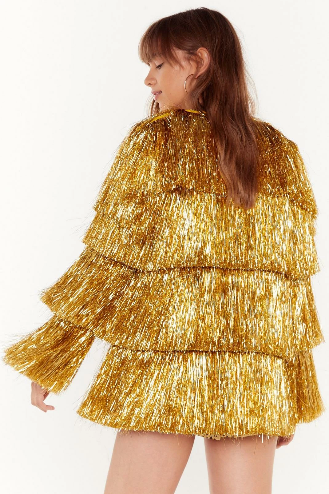 Going Out Jackets Metallic Tiered Tinsel Fringe Open Front Jacket - Image 11