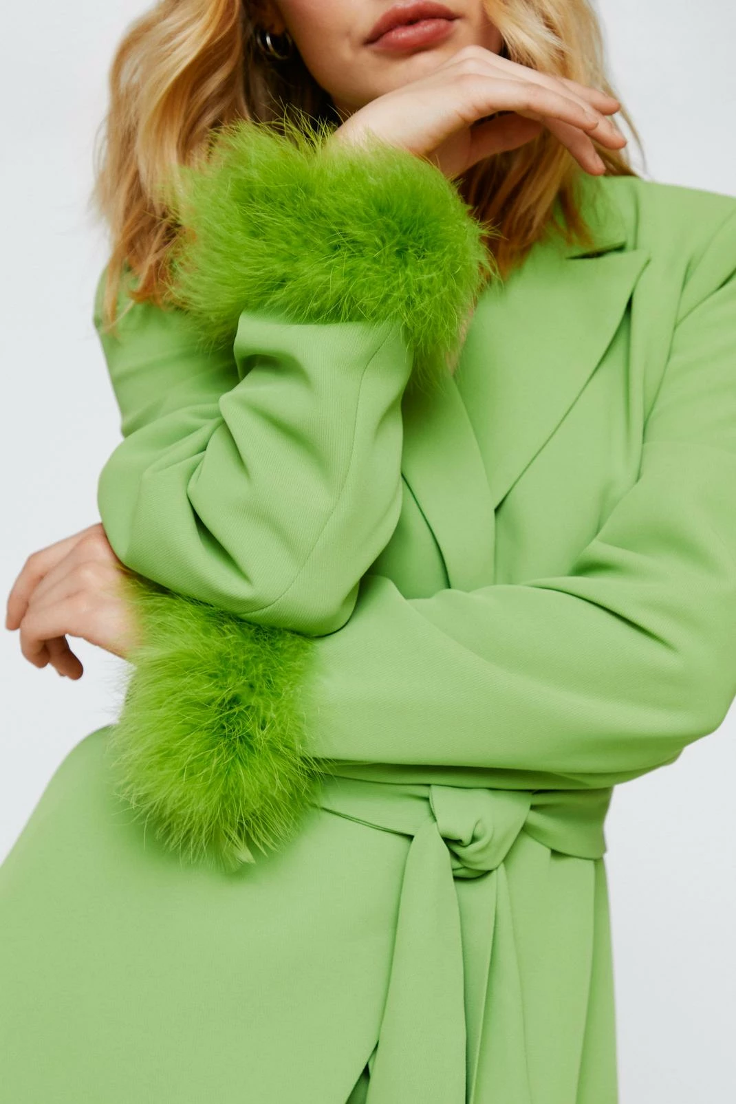 Two Piece Sets Belted Blazer With Feather Cuffs - Image 11