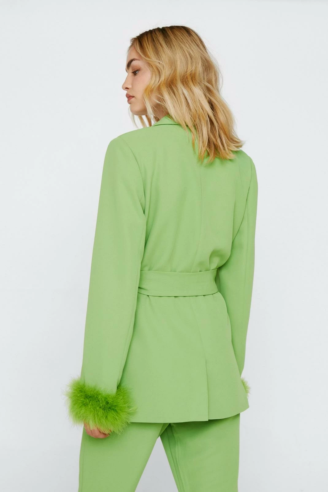 Two Piece Sets Belted Blazer With Feather Cuffs - Image 12