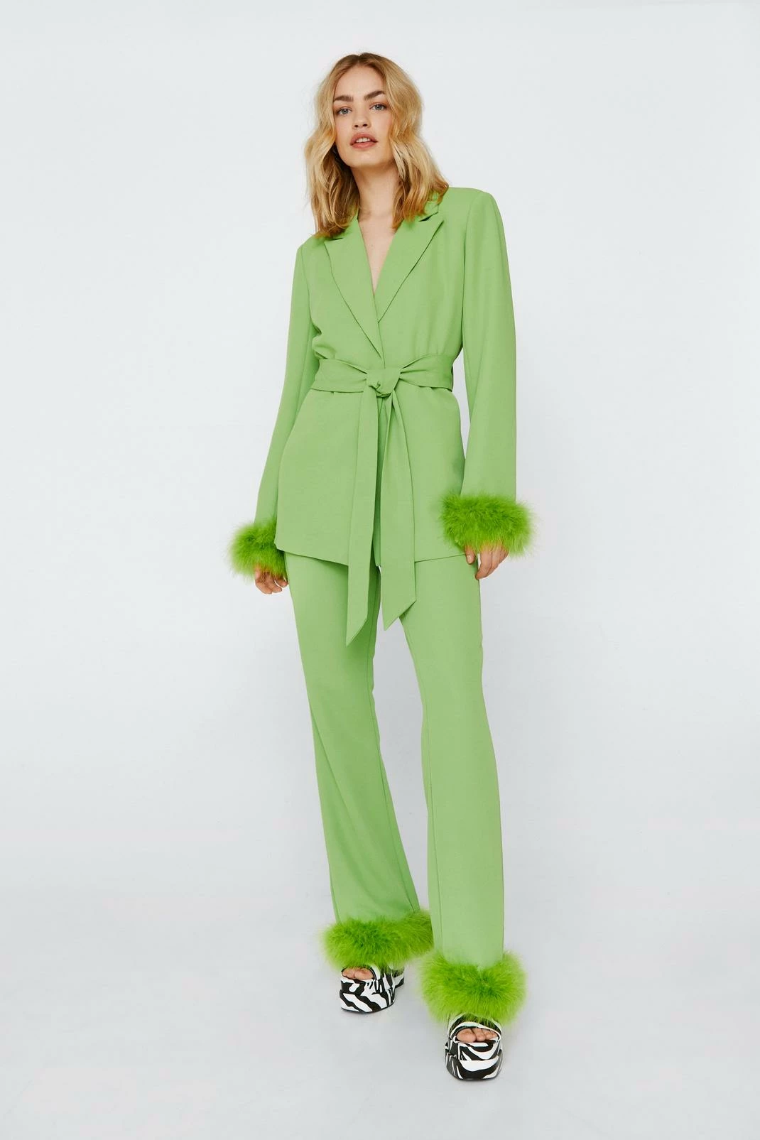 Two Piece Sets Belted Blazer With Feather Cuffs - Image 10