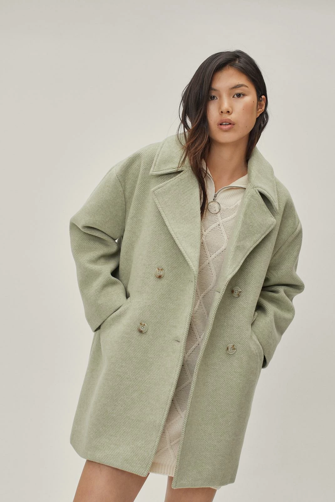 Wool Look Coats Double Breasted Collared Longline Coat - Image 4