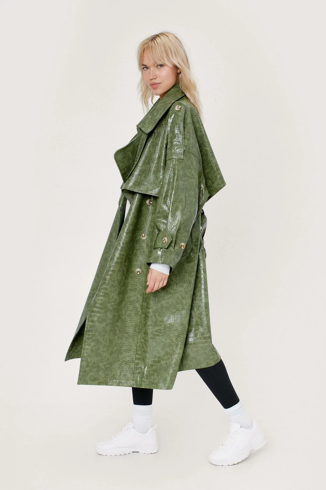 Duster + Trench Coats Faux Leather Croc Print Oversized Trench Coat - Image 2
