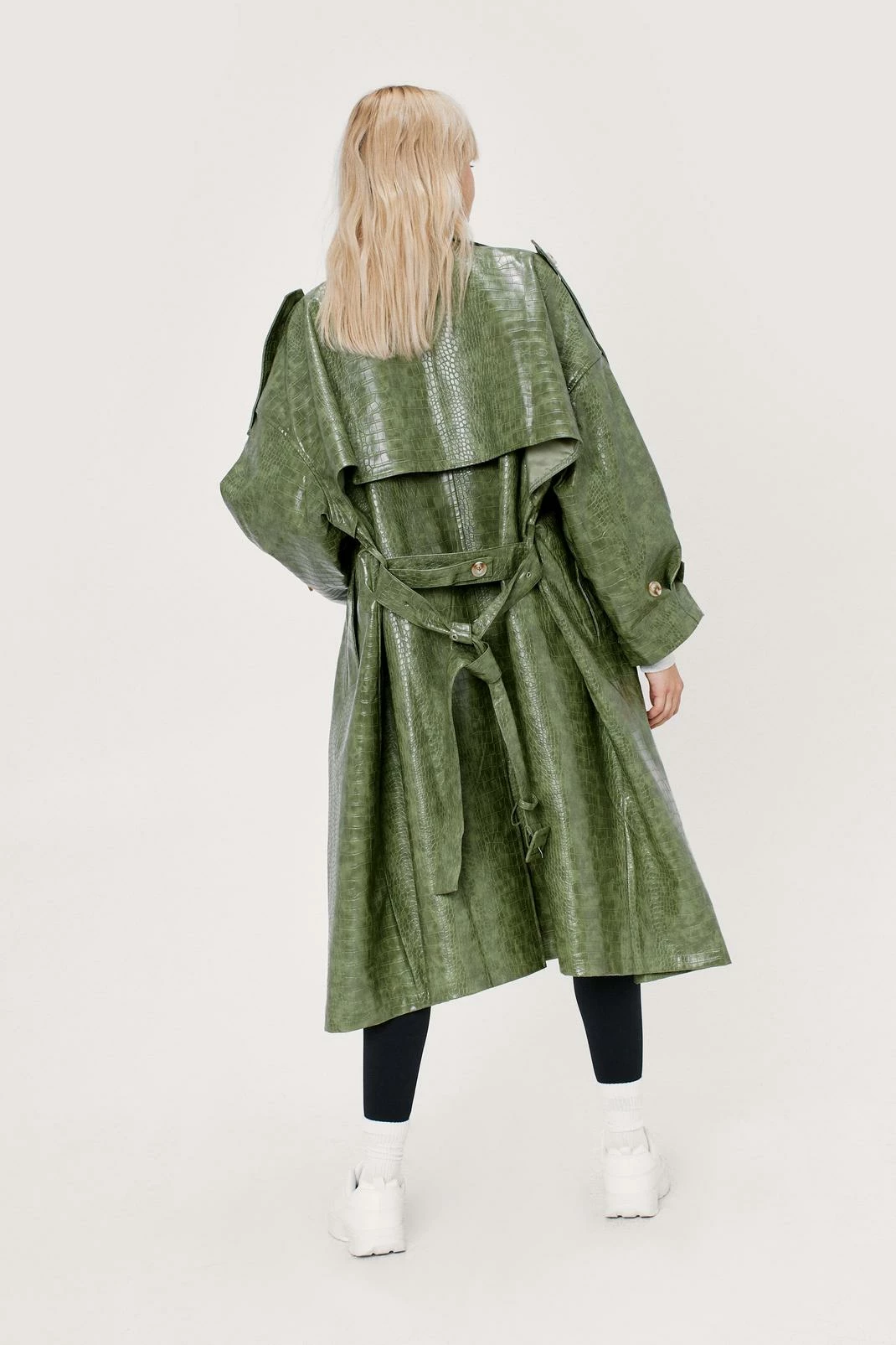 Duster + Trench Coats Faux Leather Croc Print Oversized Trench Coat - Image 3