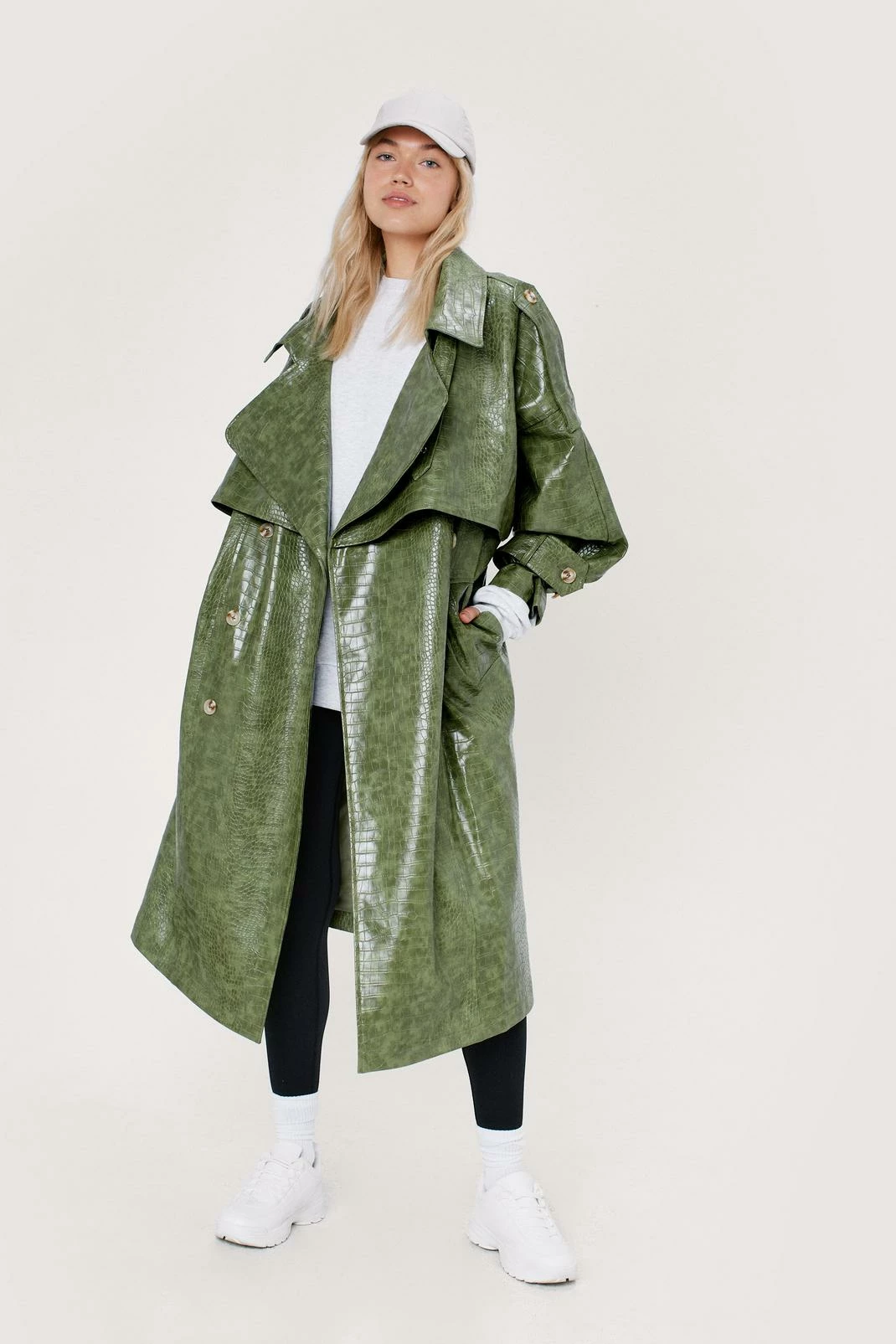 Duster + Trench Coats Faux Leather Croc Print Oversized Trench Coat - Image 4