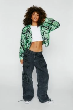 Cropped Jackets Floral Print Cropped Bomber Jacket