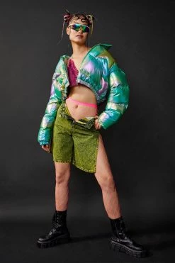 Cropped Jackets Metallic Star Motif Cropped Padded Jacket