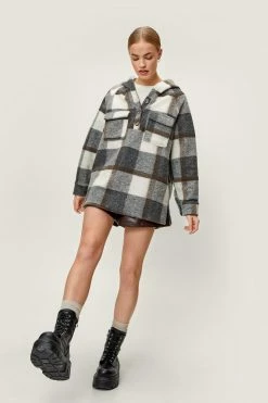 Shackets Check Hooded Pocket Detail Shacket