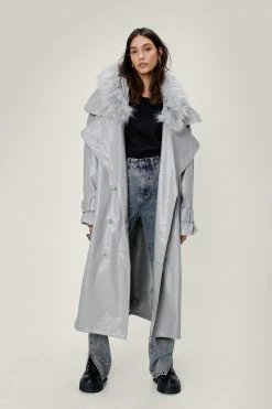 Duster + Trench Coats Faux Fur Hooded Faux Leather Vinyl Trench Coat
