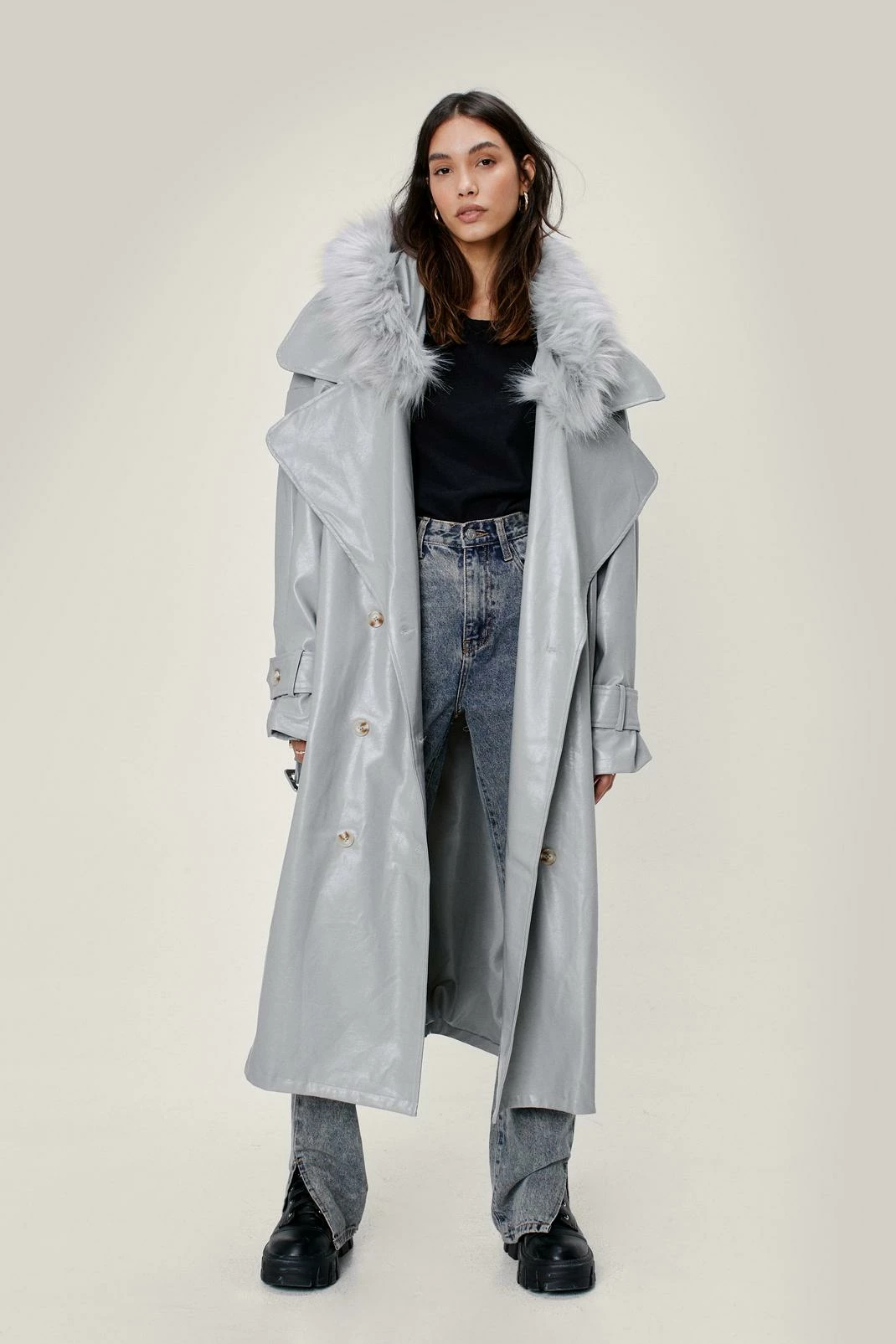 Duster + Trench Coats Faux Fur Hooded Faux Leather Vinyl Trench Coat
