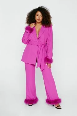 Plus Size Belted Blazer With Feather Cuffs