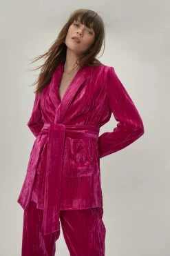 Two Piece Sets Wrap Waist Crushed Velvet Suit Blazer