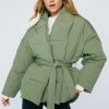 Puffer Jackets Oversized Padded Belted Long Sleeve Jacket