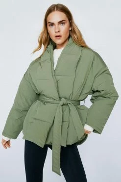 Puffer Jackets Oversized Padded Belted Long Sleeve Jacket
