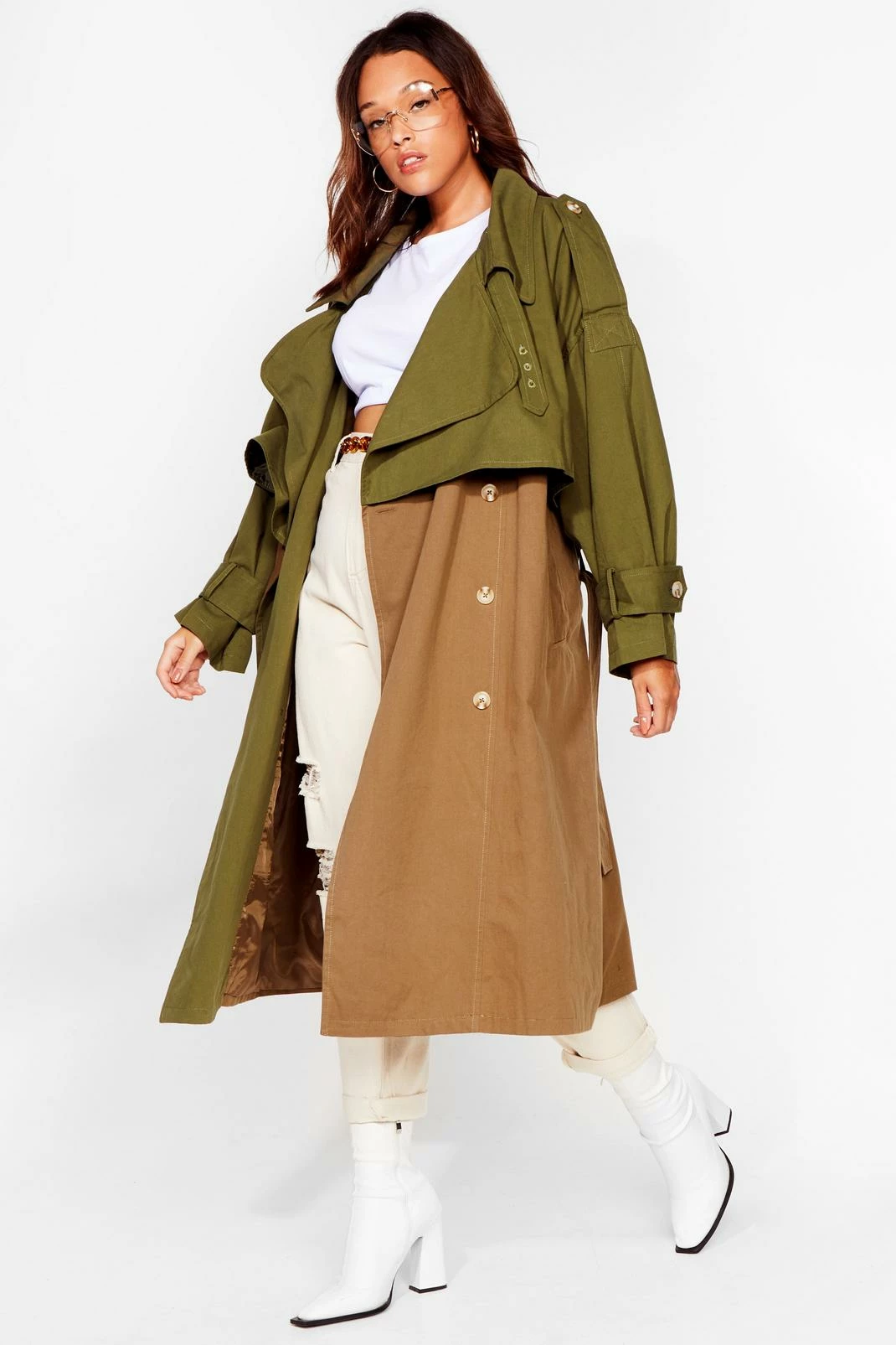 Duster + Trench Coats Plus Size Two Tone Oversized Trench Coat - Image 4