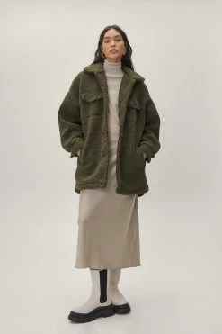 Teddy Coats Teddy Faux Fur Longline Button Down Jacket