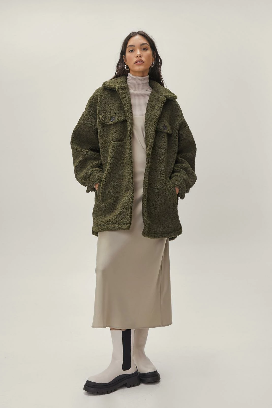 Teddy Coats Teddy Faux Fur Longline Button Down Jacket