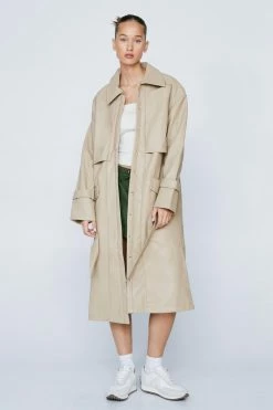 Duster + Trench Coats Pocket Detail Faux Leather Trench Coat