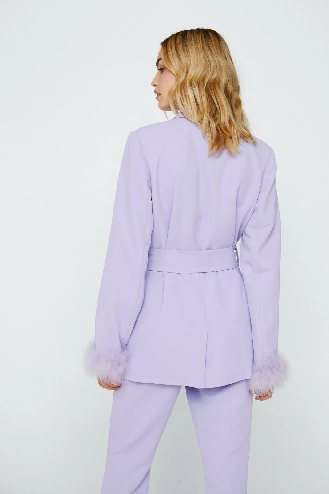 Two Piece Sets Belted Blazer With Feather Cuffs - Image 3