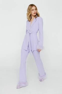 Two Piece Sets Belted Blazer With Feather Cuffs