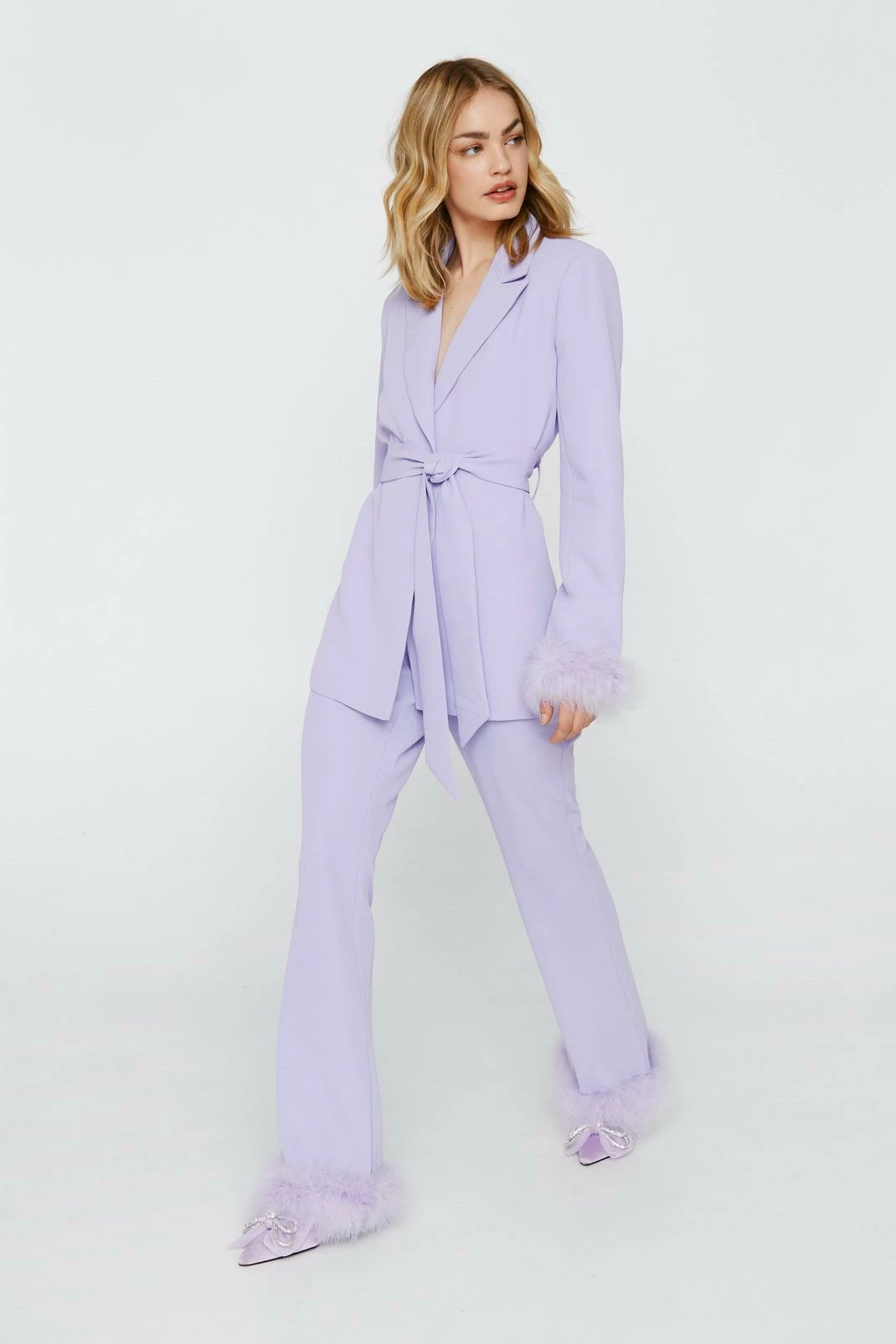 Two Piece Sets Belted Blazer With Feather Cuffs