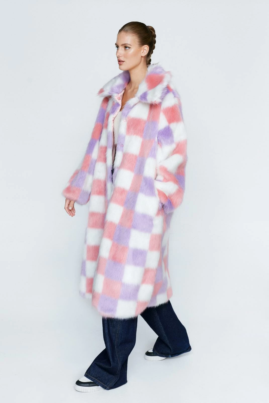 Duster + Trench Coats Premium Lilac Checkerboard Long Faux Fur Coat - Image 2