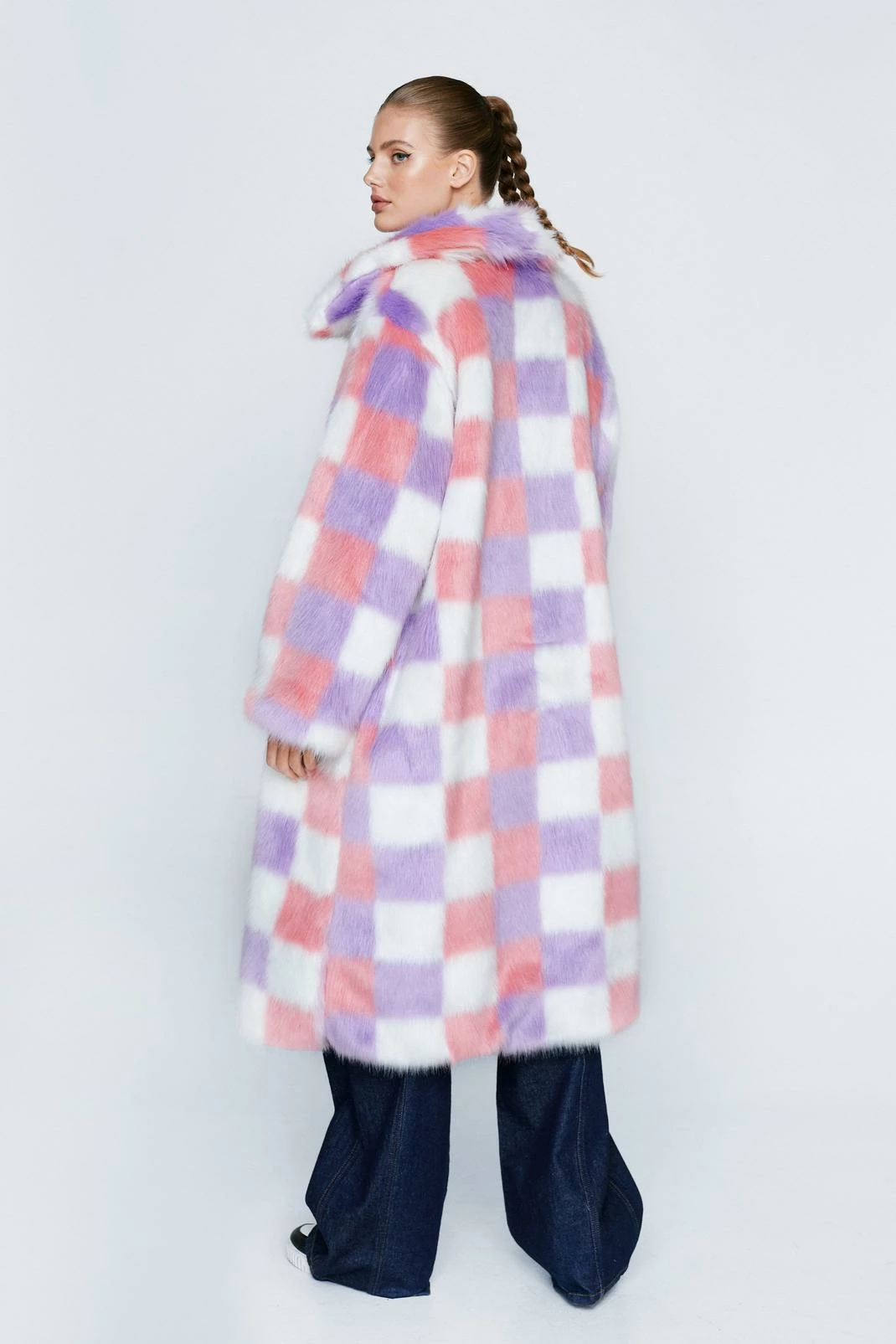 Duster + Trench Coats Premium Lilac Checkerboard Long Faux Fur Coat - Image 3