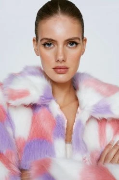Duster + Trench Coats Premium Lilac Checkerboard Long Faux Fur Coat