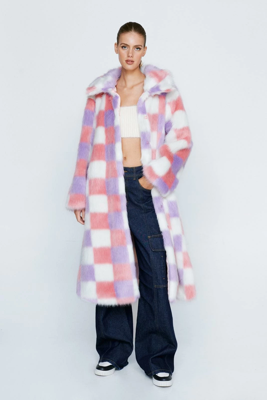 Duster + Trench Coats Premium Lilac Checkerboard Long Faux Fur Coat - Image 4