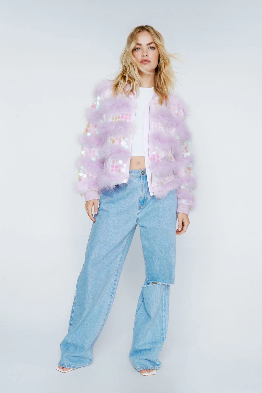 Going Out Jackets Real Feather Collar Sequin Jacket
