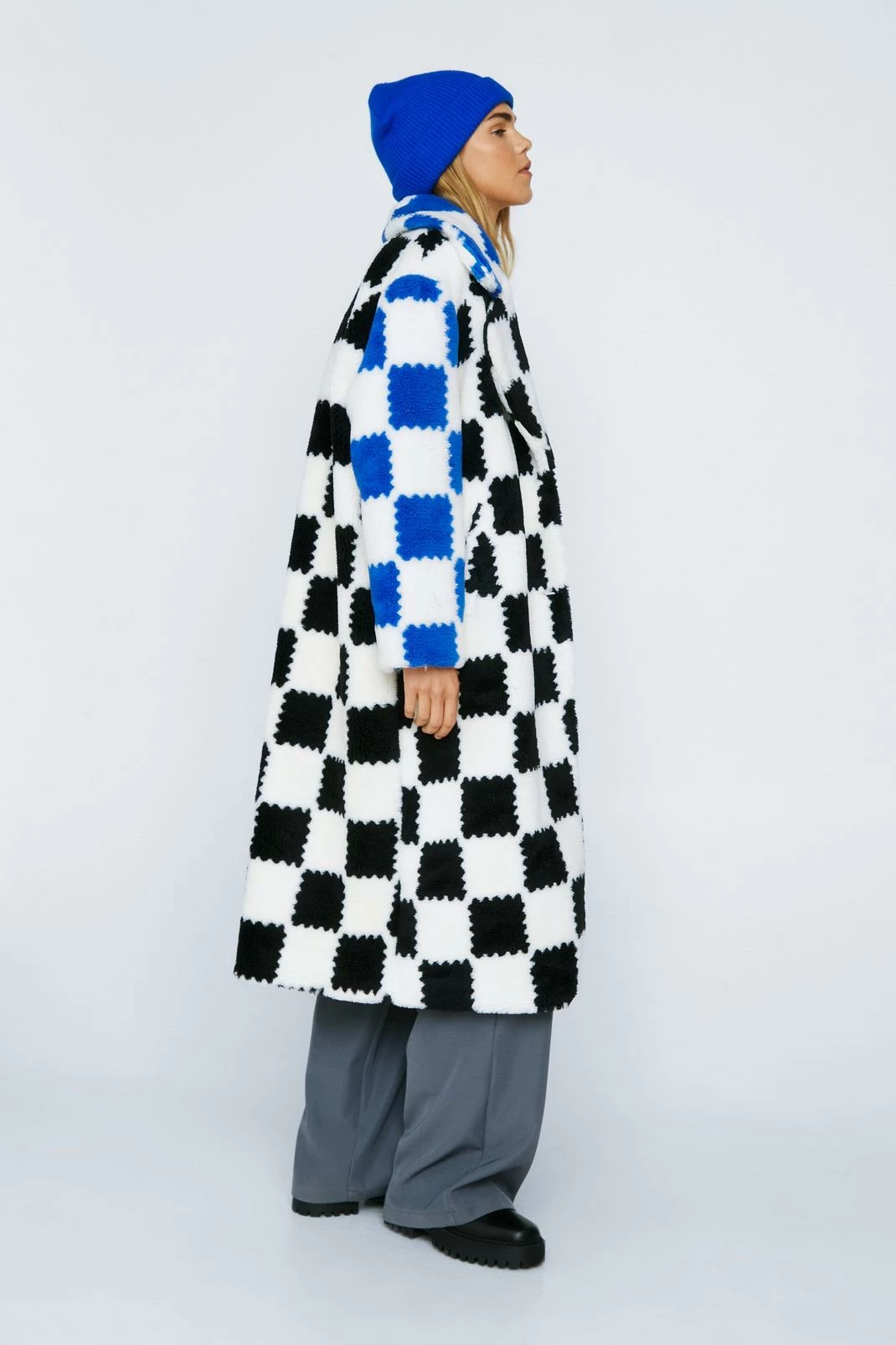 Faux Fur Coats Motocross Checkerboard Borg Fur Coat