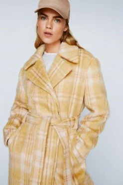 Wool Look Coats Check Print Wool Blend Robe Coat