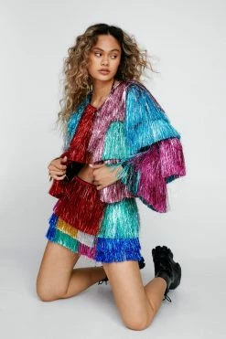 Going Out Jackets Color Block Tinsel Fringe Two Piece Jacket