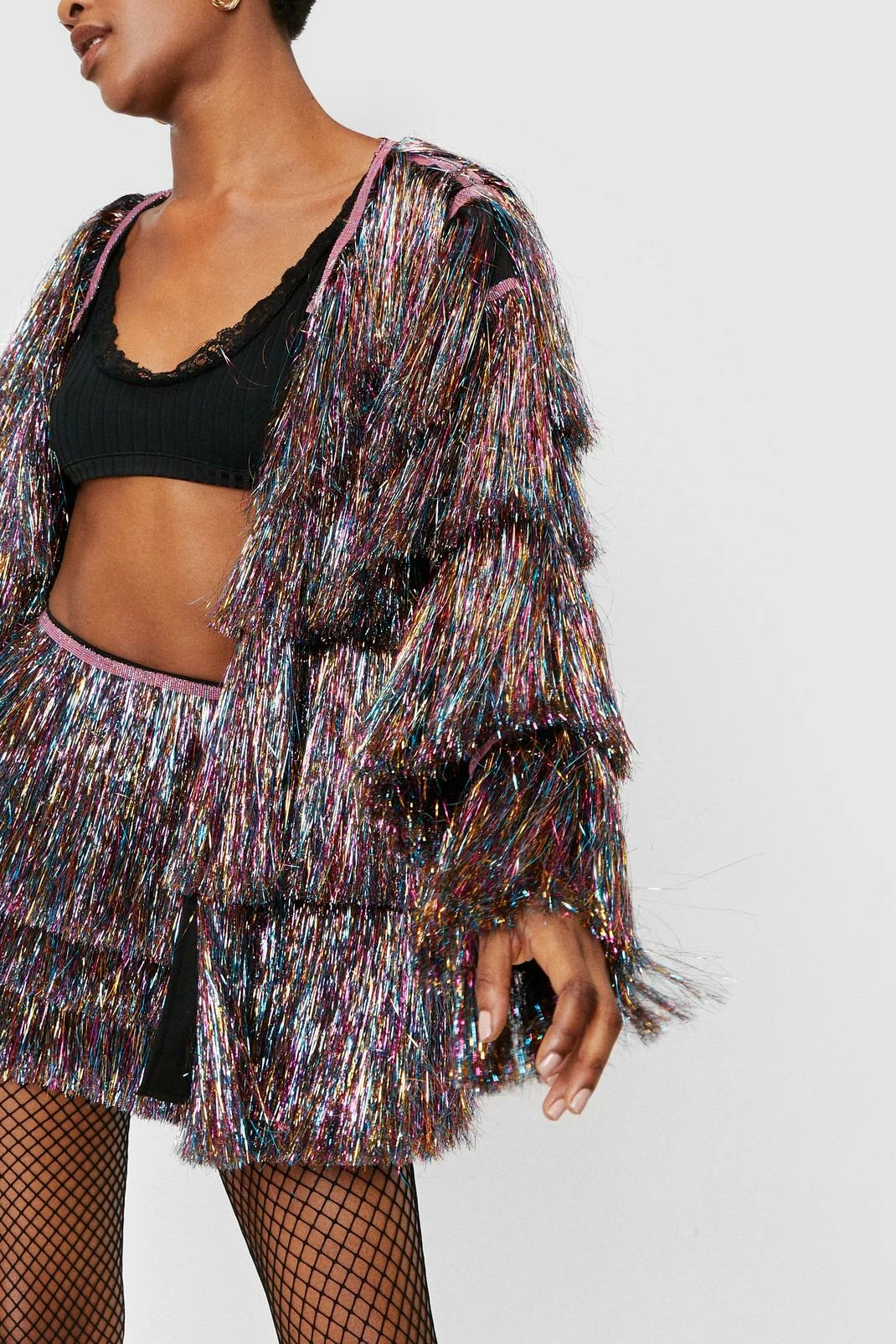 Going Out Jackets Metallic Tiered Tinsel Fringe Open Front Jacket - Image 4