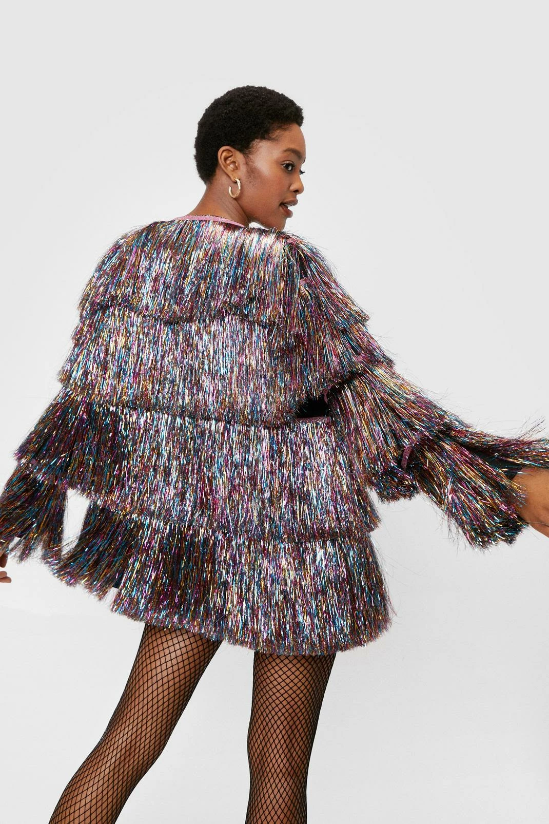 Going Out Jackets Metallic Tiered Tinsel Fringe Open Front Jacket - Image 6