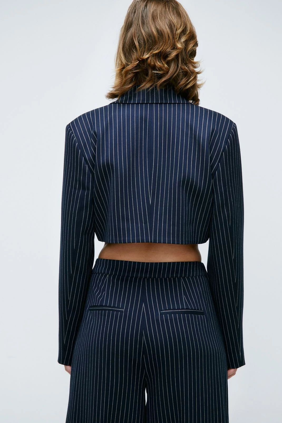 Two Piece Sets Pinstripe Print Cropped Blazer - Image 3