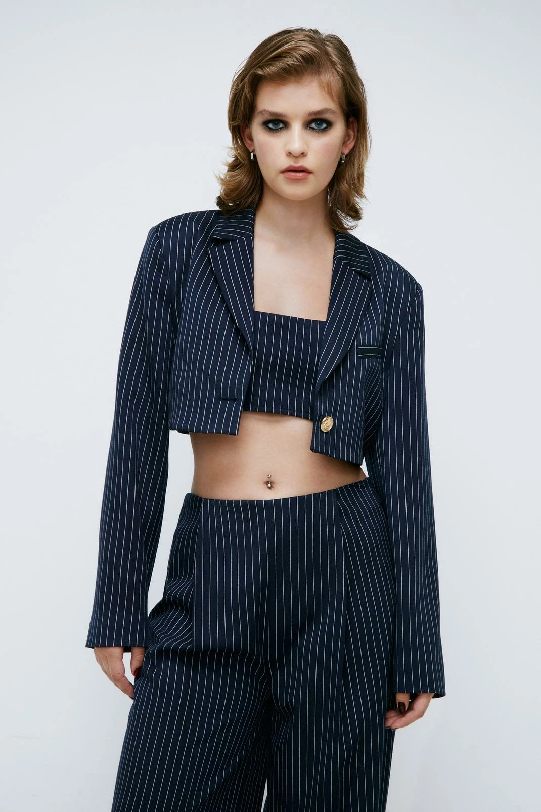 Two Piece Sets Pinstripe Print Cropped Blazer - Image 4
