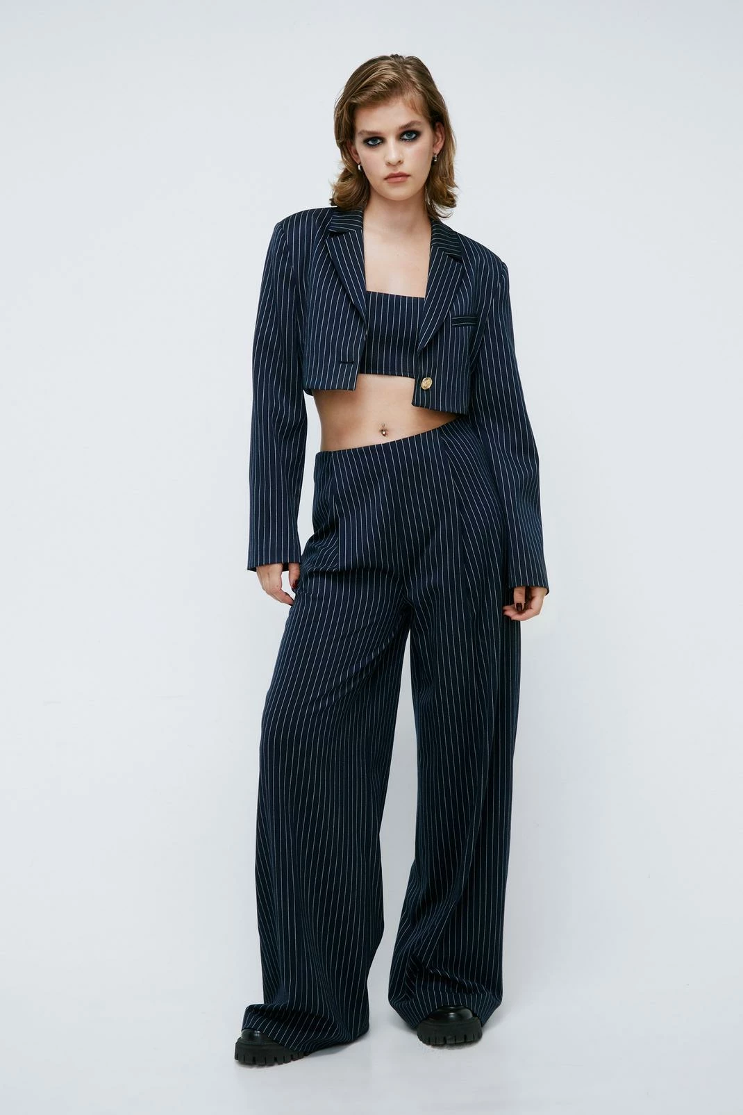 Two Piece Sets Pinstripe Print Cropped Blazer