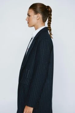 Wool Look Coats Pinstripe Wool Blend Contrast Stitch Duster