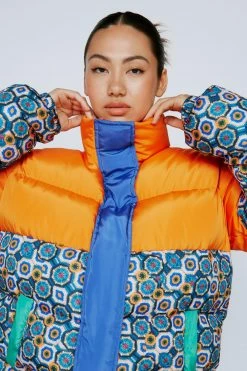 Puffer Jackets Colorblock Tile Print Padded Jacket