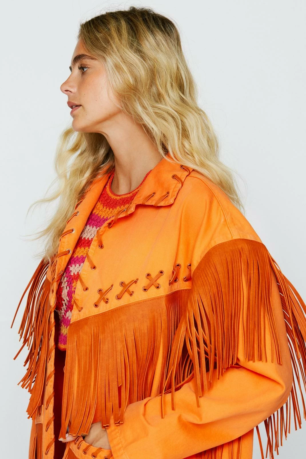 Going Out Jackets Premium Lattice Fringe Denim Jacket - Image 5